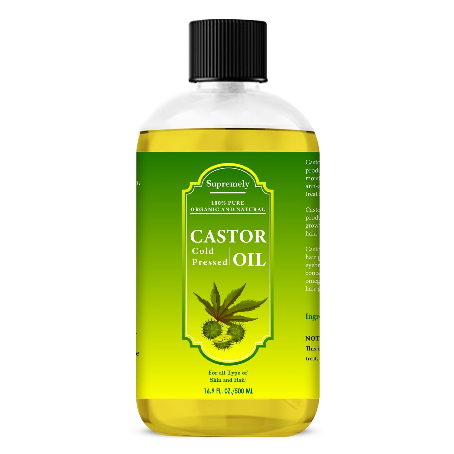 Supremely Cold Pressed Pure Castor Oil 500ml 100% Natural Vegan Hexane-Free for Hair Growth and Eyelashes Eyebrows, Softer Skin and Face Nails Beard Body