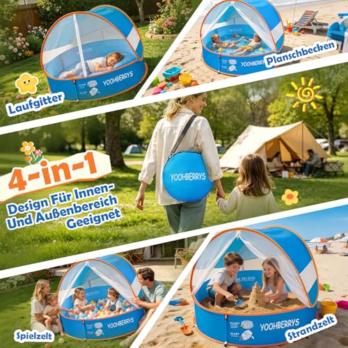 YOOHBERRYS 4-in-1 Pop Up Baby Paddling Pool, Beach Shelter Baby with UV Protection SPF 50+, Beach Tent Babies with Mosquito Net, Portable Play Tent, Ball Pit for Picnic, Garden, Beach