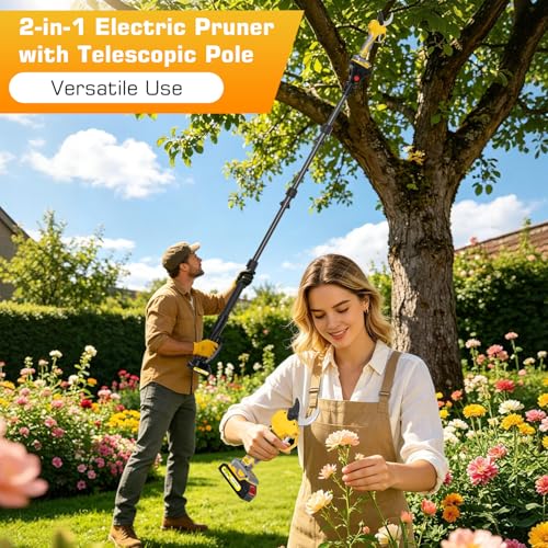2-in-1 Cordless Electric Pruning Shears with 8FT Pole, Max Cutting Diameter 2 Inch, 21V 2 * 2Ah Battery Pruning Shears with LCD Display, 1000W Brushless Pole Pruner Garden for Tree, Branch Trimming