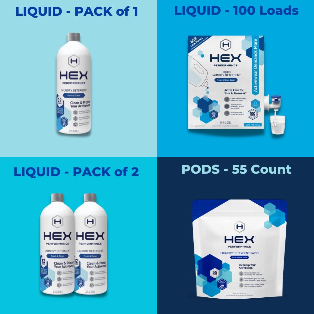 HEX Performance Laundry Packs, Fresh & Clean, 55ct - Designed for Activewear, Eco-Friendly