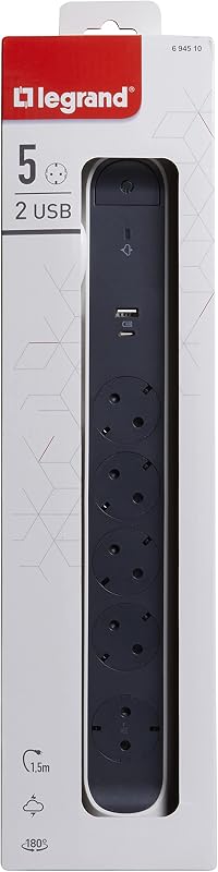 Regleta de enchufes con protección contra sobretensión, USB Tipo A+C, con Interruptor, Base múltiple con 5 Tomas de Corriente, Cable de 1,5 m, Color Blanco/Gris Oscuro 694510 — foto 4 de 4
