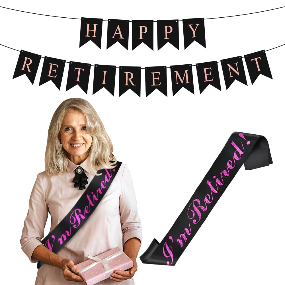 Happy Retirement Party Decoration,Pink Black Retirement Hanging Bunting Banner Garland I am Retired Glitter Celebration Sash Photo Booth Props for Men Women Office Farewell Work Party Supplies
