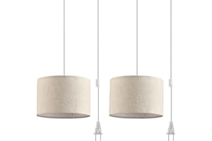 IHENGYANLT 2 Pack Plug in Pendant Light, Hanging Light with 15Ft Clear Cord, On/Off Switch, Beige Linen Fabric Lamp Shade, Ha