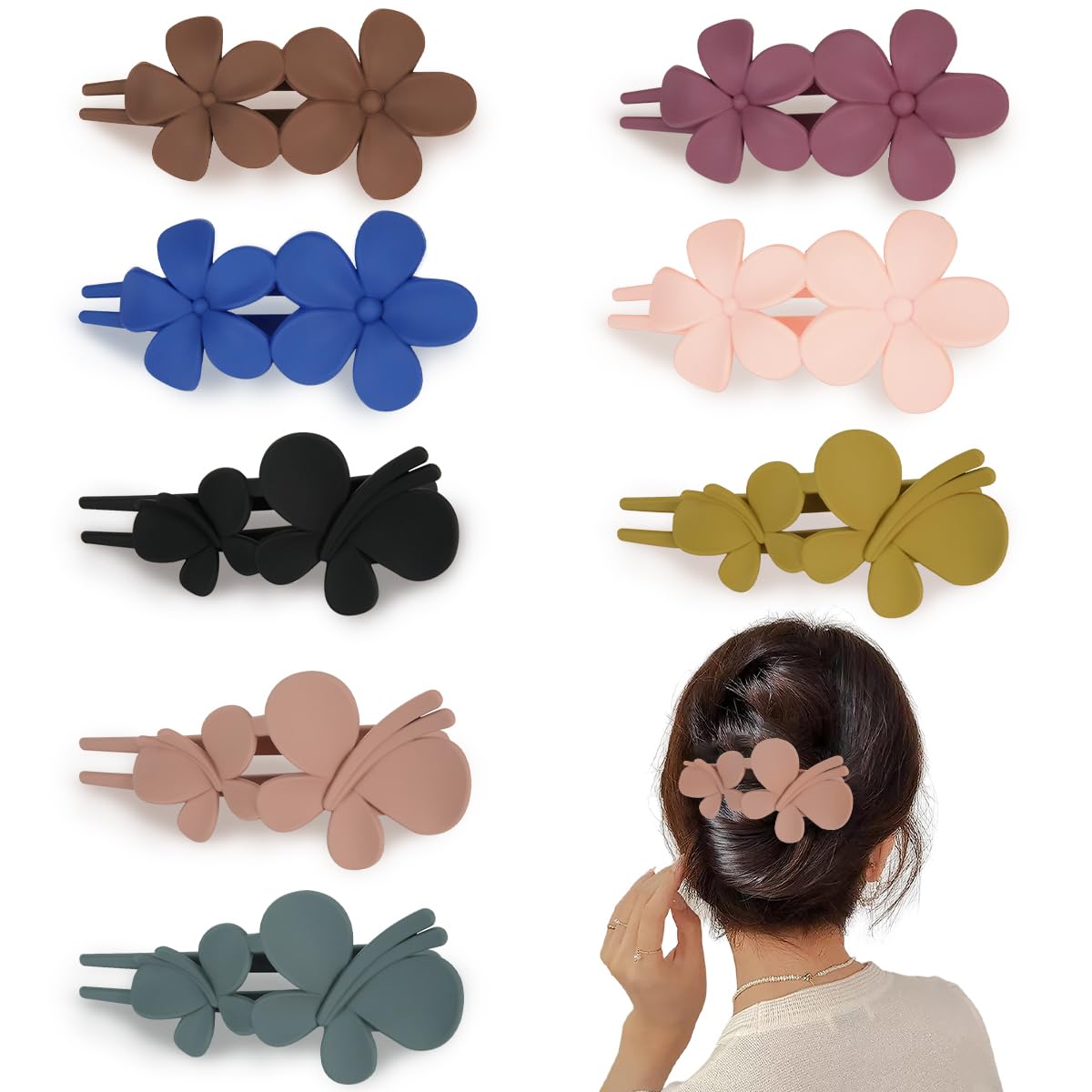 BOJVESH 8Pcs Flat Hair Clips, Matte Hair Claw Clips, Non-slip Hair Clips for Thin Thick Hair, French Hair Barrettes Strong Hold Clips, Flower Butterfly Hair Clamps Accessories for Women, Girl