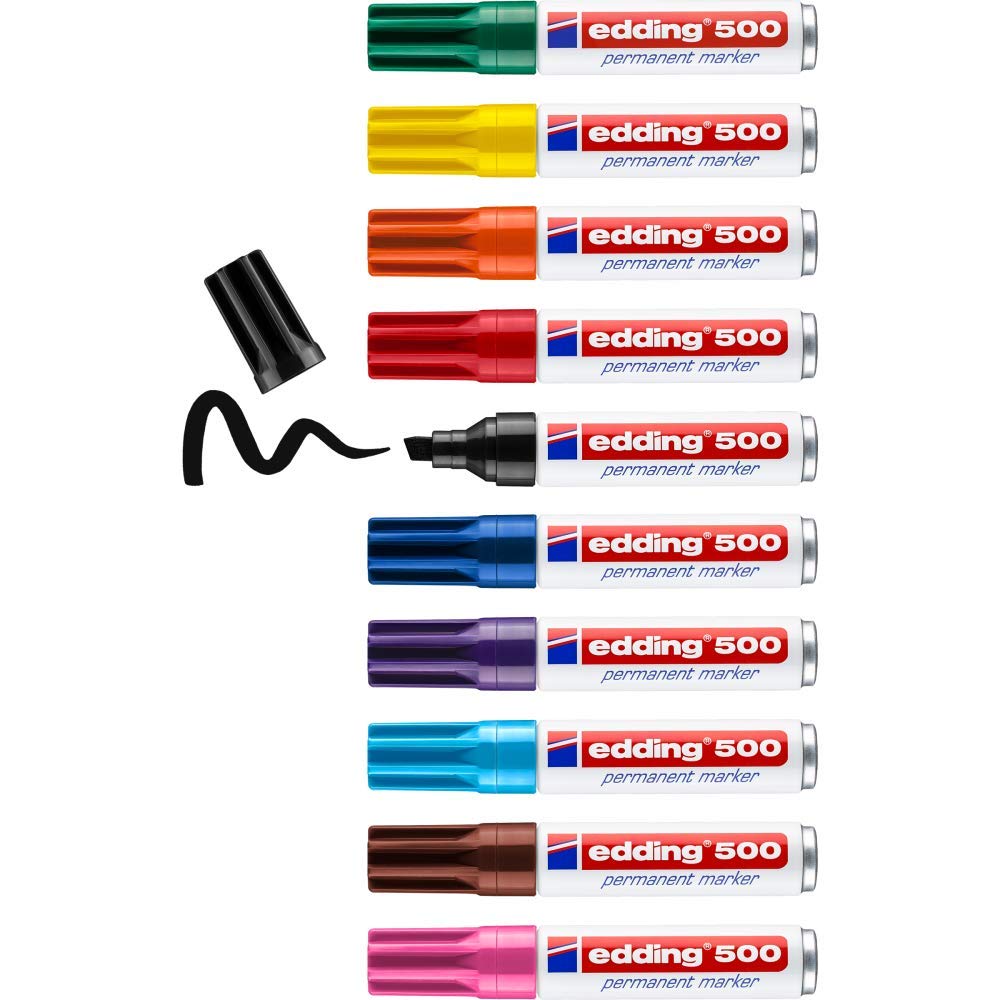 edding 500 permanent marker - multi-coloured - 10 pens - chisel nib 2-7 mm - waterproof, quick-drying, smear-proof pens - for cardboard, plastic, wood, metal, glass and fabric
