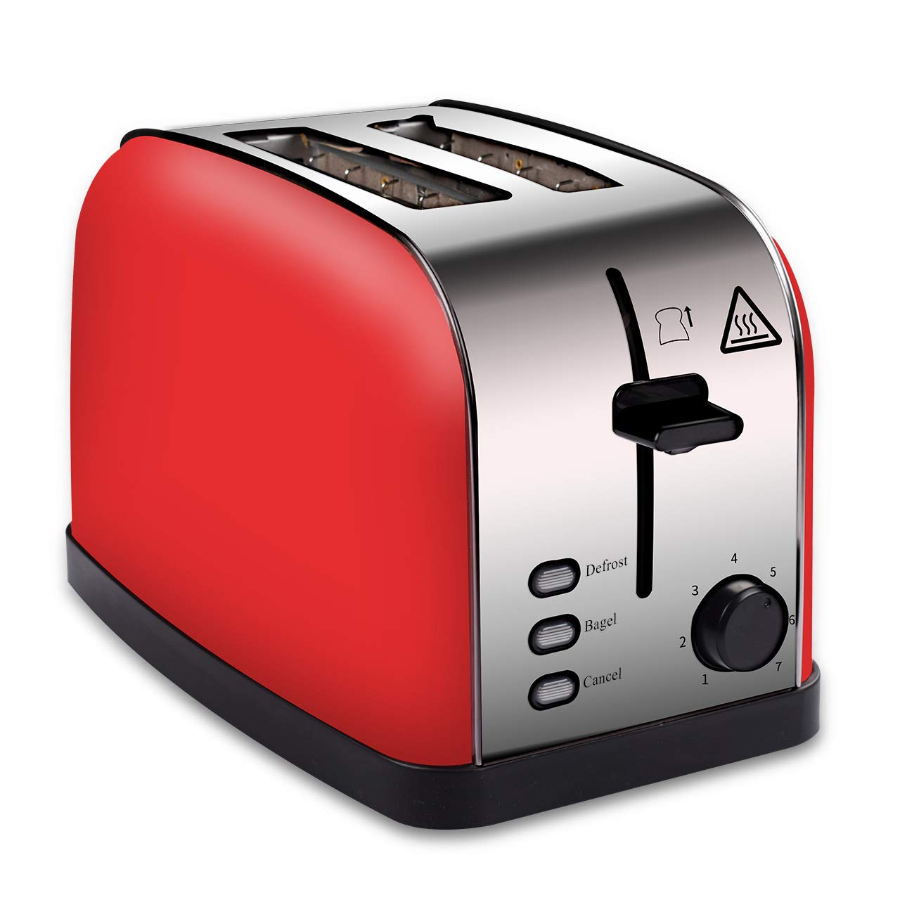COSSCCI Red Toaster 2 Slice Brushed Stainless Steel Toaster with Wide Slots,Removable Crumb Tray,High Lift Lever, Reheat Defrost and 7 Shade Setting