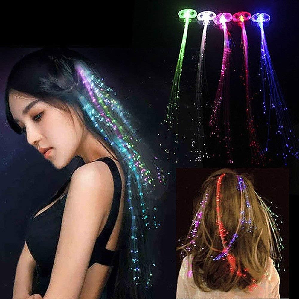 Novelty Place [Party Stars] 14 inch LED Light-Up Optic Fiber Hair Extension with Barrette Party Light Set - Alternating Multicolors (12 Pack): Toys & Games