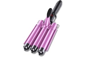 KUWA Beach Waver Curling Iron,Dual Voltage Crimper Hair Tool,Waver Hair Tool with LCD Temperature Display,Ceramic HairCrimper for Women,60 Min Auto-Off Three Barrel Curling Iron (Pink)