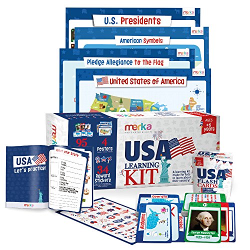 USA Learning Kit includes 4 Posters, 95 Flashcards, 58 Practice Book Exercises and 36 Reward Stickers - Learn about the US States, Presidents, Symbols, Flag and more
