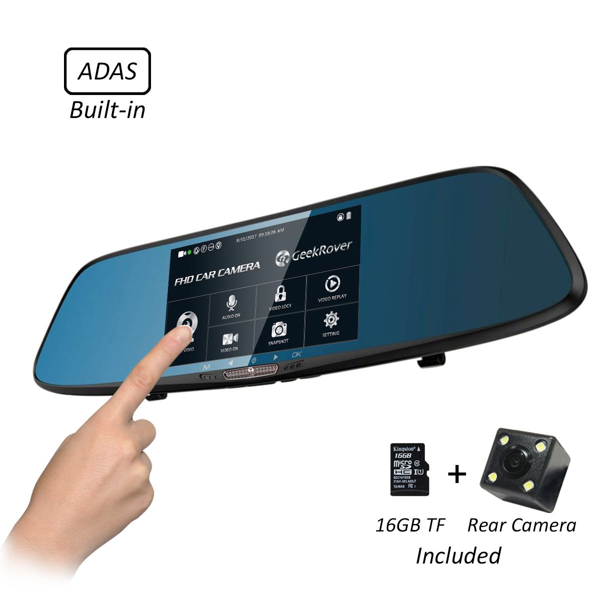 GeekRover Rearview Mirror Dash Cam 5" IPS Touch Screen FHD 1080P+720P Dual Cameras 2 Way Recorder, Built-in ADAS (LDWS/FCWS) Anti-Glare Glass Mirror Night Vision Back-up Monitor,16GB Card Included