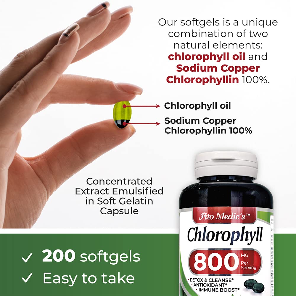 fito medic's lab - chlorophyll - pure - 800 mg per serving- 200 softgels - chlorophyll capsules -detox cleanse, greens supplements- chlorophyll pills - ultra high absorption.