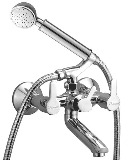 Oleanna Orange Brass Telephonic Wall Mixer with Crutch and Hand Shower Set Included (Disc Fitting | Quarter Turn | Form Flow) Chrome