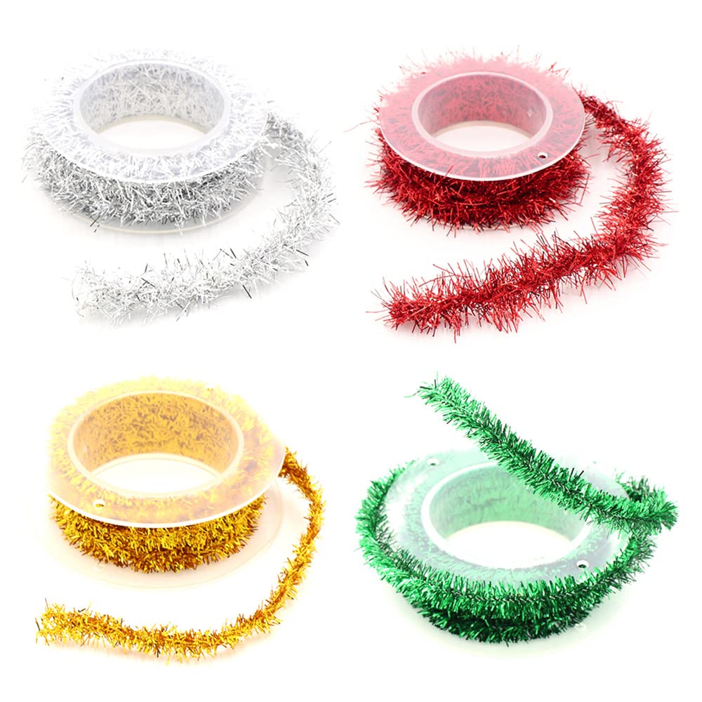 4 Rolls Christmas Tinsel Garland Christmas Tree Hanging Tinsel Decoration Shiny Garland Metallic Christmas Tree Garland Hanging Decorations for Holiday Present Wrapping Decoration DIY Craft Supplies