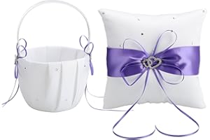 Wedding Flower Girl Basket and Ring Bearer Pillow Set,Satin Wedding Set with Double Heart Rhinestone Decor,Petals Basket Ring