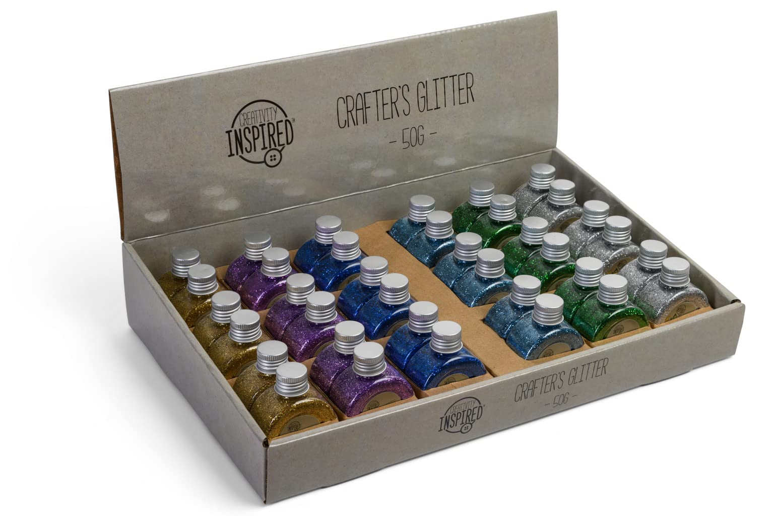 Creativity Inspired Crafter's Glitter Bottles Multipack, 36 Pcs, 6 Assorted Colours, 50g Bottles, Festive, Christmas, Stationary, Ideal for Hobbyists and Professional Crafters, Adults & Kids
