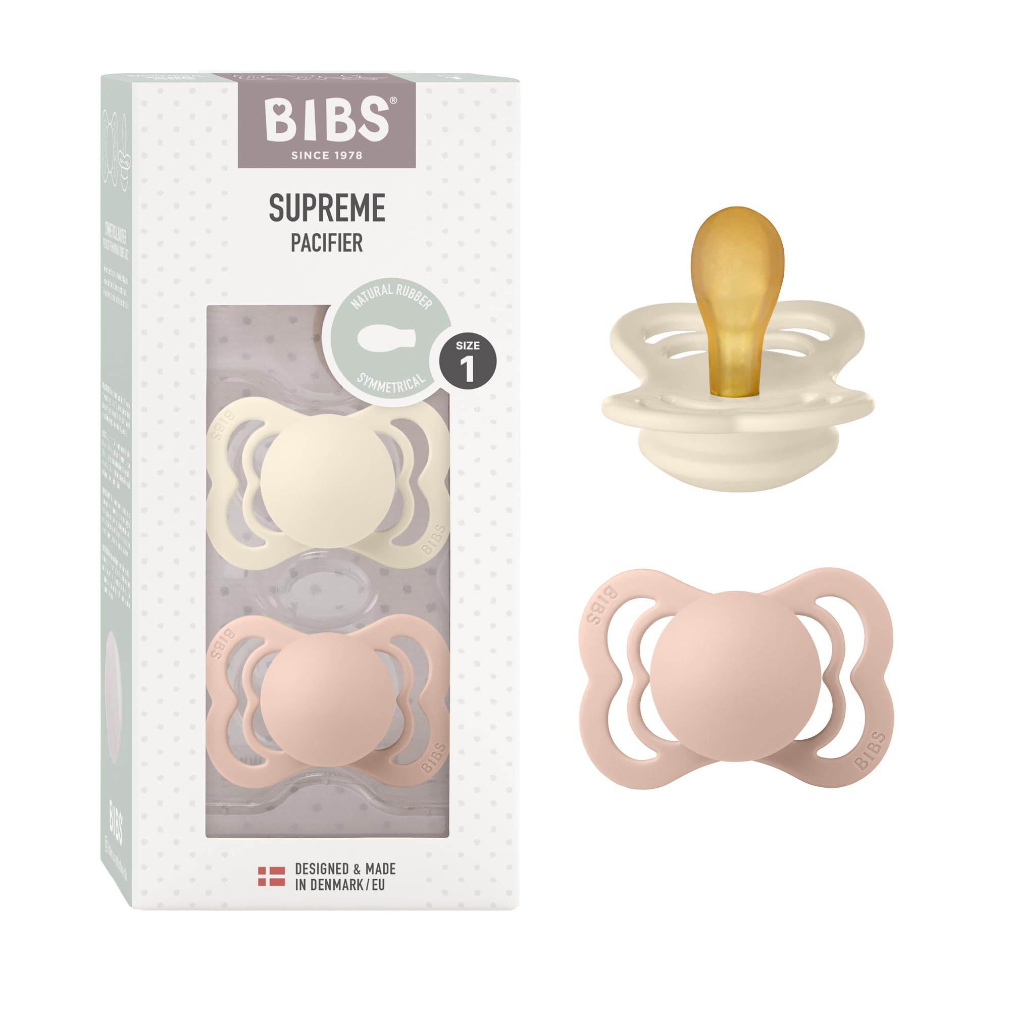 BIBS Supreme Soother 2-Pack, BPA Free Dummy Pacifier, Symmetrical Nipple. Natural Rubber Latex, Size 1 (0-6 Months), Ivory/Blush