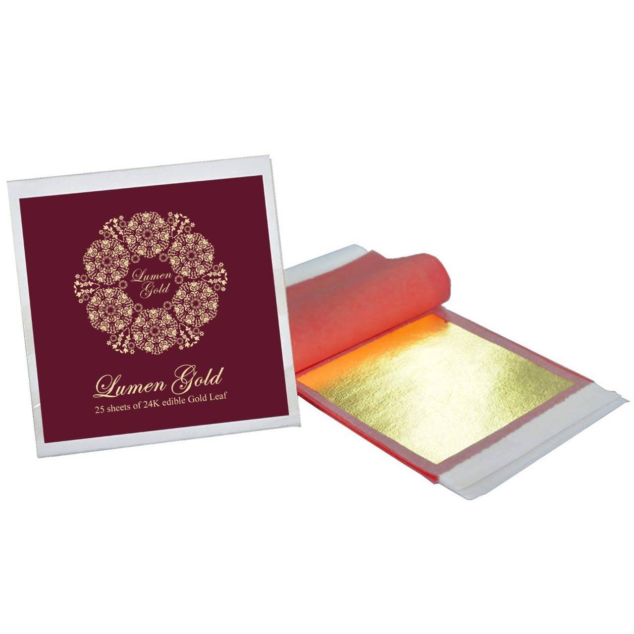 24K Edible Gold Leaf 25 Sheets 8 x 8 cm (3.15x3.15 inches) Pure Genuine Gold Foil for Desserts, Edible Cake Decors, Cooking, Spa, Facials, Art & Crafts, Gilding, Wines and More