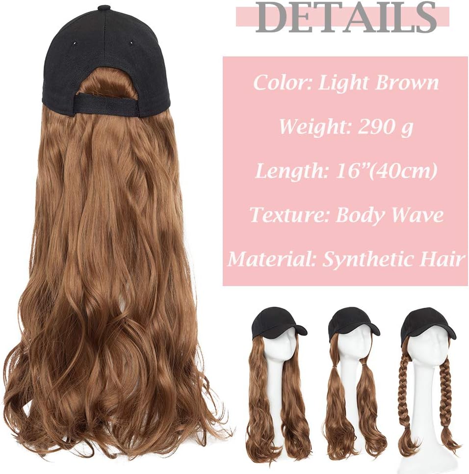 Black Baseball Hat with Hair Attached Wigs Curly Body Wave Synthetic Hairpiece Cap Hair Extensions for Women (16", Light Brown) - Image 5