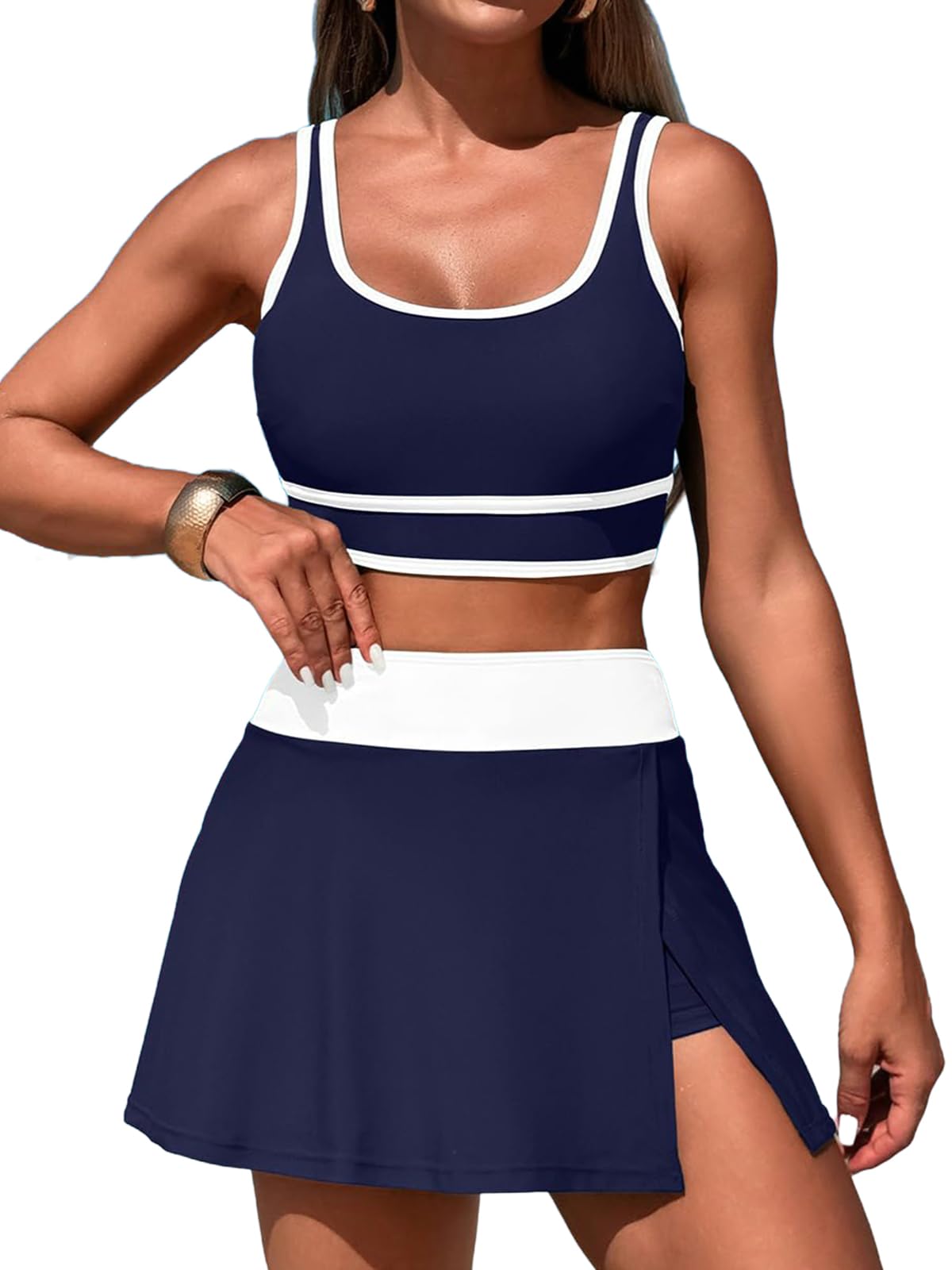 Photo 1 of ZRTAK Women's High Waisted Bikini Sets Tummy Control Swim Skirt Two Piece Swim Suit Tummy Control Color Block Bathing Suit (Dark Blue, Small)