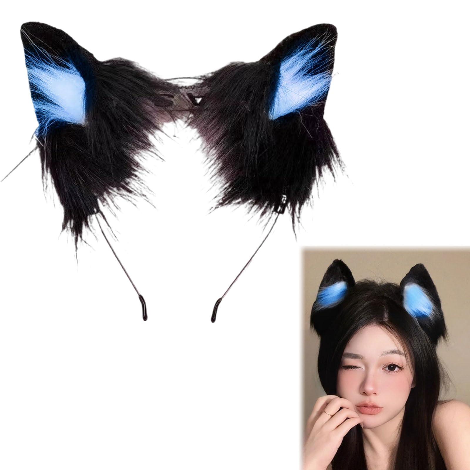 Rakiuty Faux Fur Cat Ears Headband,Cute Christmas Headbands for Adults Kids,Cat Ears Headwear Fancy Dress Cosplay Animal Furry Ear Head Accessories for Halloween,Carnival,Xmas Party (Black Blue)