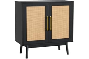 CARPETNAL Sideboard Buffet Cabinet, Modern Rattan Storage Cabinet with Double Doors and Adjustable Shelves, Accent Cabinet for Living Room, Bedroom, Hallway (Black)