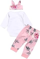 ChYoung Baby Girl Clothes Set Newborn Romper Top Rose Pant Headband 3 Pieces view 2