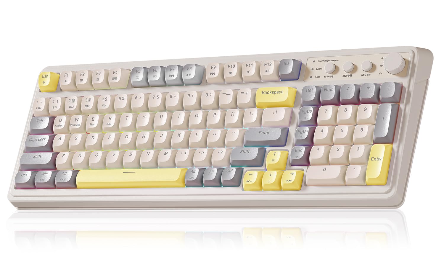 Photo 1 of AULA S99 Gaming Keyboard, Ergonomic Computer Keyboards, Wireless Creamy Keyboard Full Size Cute Backlit Media Knob Programmable Tri-Mode Bluetooth/2.4GHz/USB-C Keyboard for PC Gamer - Grey & Yellow