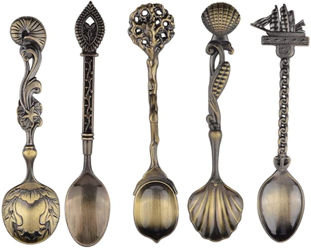 Thitex 5pcs Alloy Coffee Spoon Sets Carved Vintage Royal Style Ice Cream Dessert Spoons Small Tea Spoon for Party (B)