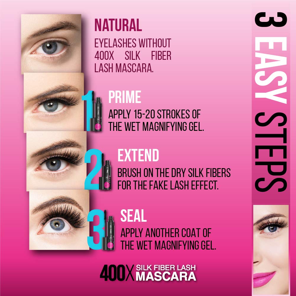 400X Pure Silk Fiber Lash Mascara [Ultra Black Volume and Length], Longer & Thicker Eyelashes, Waterproof, Long Lasting, Instant & Very Easy to Apply, Smudge-proof, Hypoallergenic, Cruelty & Paraben Free (Mia Adora) : Beauty