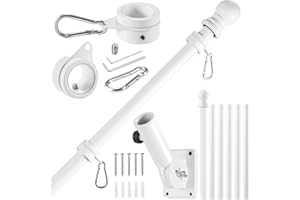 BONWIN White Flagpole Kits, 7 FT Thickened Stainless Steel House Porch Wall Flag Pole Kit for 3x5'/4x6' Flag, 1" Anti-Wrap Spinning Flag Pole Ring Clips & 180° Adjustable Multi-Position Bracket Holder