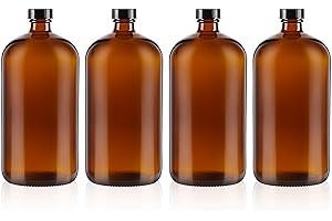 Deffdns 4 Pack 32 oz Amber Boston Round with Black Poly Cone Cap,Reusable Brown Glass Bottles for Secondary Kombucha Fermentation,Homemade Essential Oils,Lab Chemicals