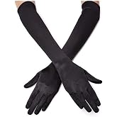 DreamHigh Women's Evening Party Mittens 21" Long Black/White Satin Finger Gloves