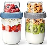 KTMAMA 2 Pack Glass Yogurt Parfait Cups with Lids, 16+4oz Reusable Containers with Dry & Wet Separation, Leak-Proof for Overnight Oats, Meal Prep, Portable to Work & School, Easy Clean (Blue+Grey)