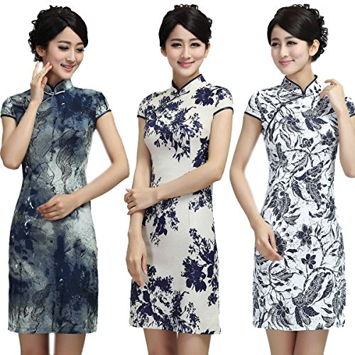 JTC Women Cheongsam Chinese Dress Cup Sleeve Flowers Pattern