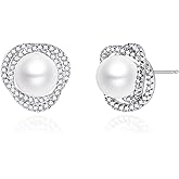 Silver Pearl Stud Earrings, 10MM Pearl with Cubic Zirconia Halo, Hypoallergenic 925 Sterling Silver Post