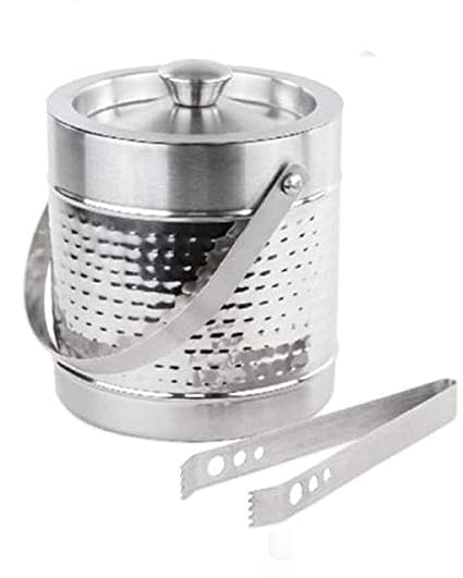 King International Hammered Double Walled Stainless Steel Insulated Ice Bucket With Lid and Ice Tong [1.75 Liter] | Keeps Ice Cold For 6 h with Handle | Great bar tools For home bar accessories, mini bar, Wine