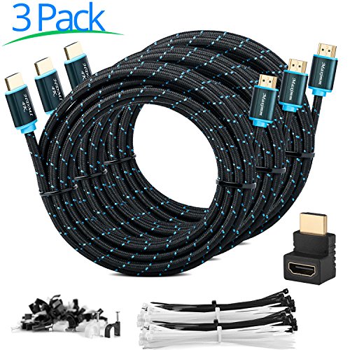 Maximm High-Speed HDMI 2.0 4K Nylon Braided Cable, 15 Feet, 3-Pack (Includes Cable Clips, Ties and Right Angle Adapter)