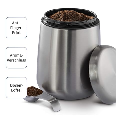 Kaffeedose Edelstahl 500g I luftdicht I inkl. Dosierlöffel im Deckel I Anti Finger Print I Kaffeebehälter mit Aromaverschluss