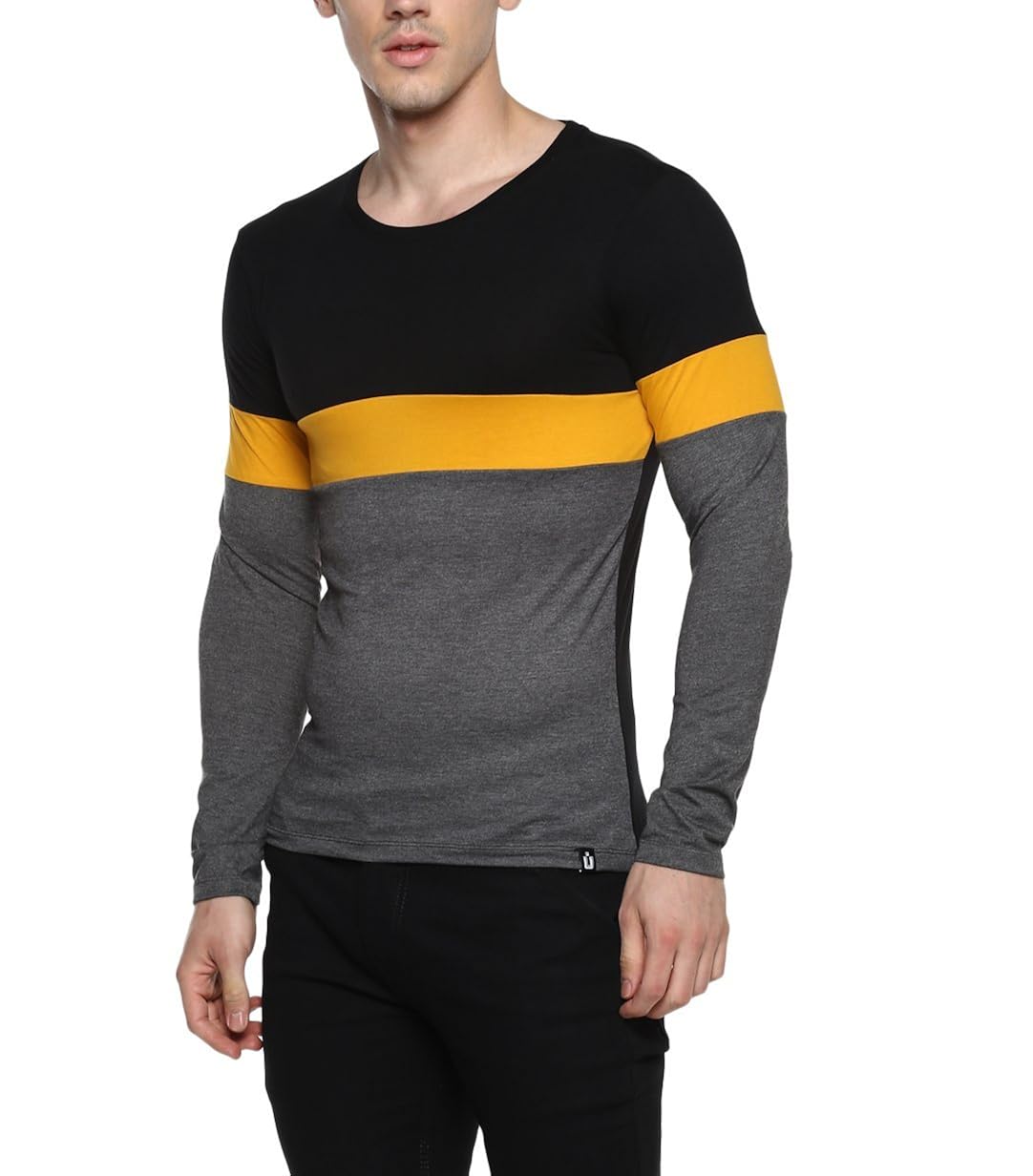 urbano fashion men's black, yellow, grey round neck full sleeve cotton t-shirt