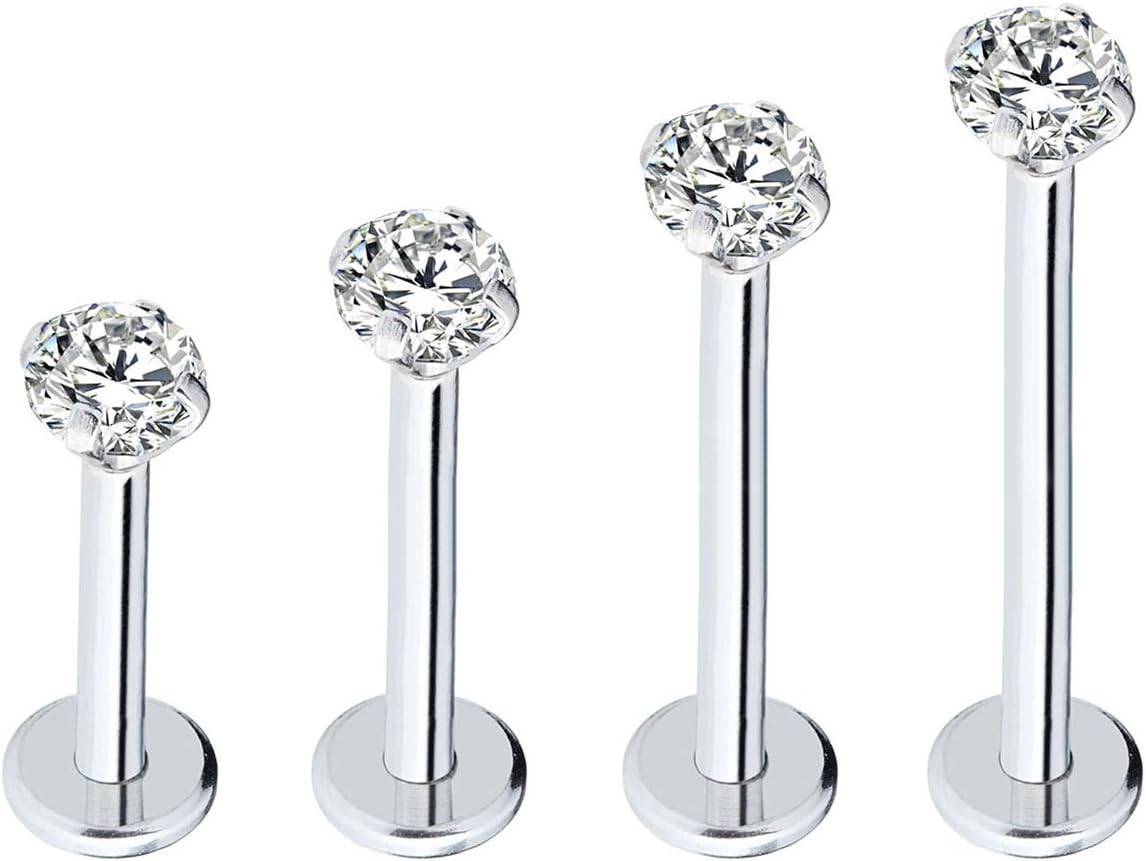 Injoy Jewelry 4PCS 16G Stainless Steel 3mm Round Cubic Zircon Lip Studs Labret Monroe Nose Ear Piercing Jewelry 6-12mm Bar Length