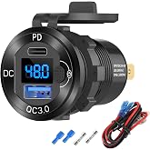 DC 10V-60V USB Outlet Aluminum High Voltage Input Car Charger, PD 30W and QC 18W Car USB Port Cigarette Lighter Replacement Socket with Voltmeter and Button Switch for Bus RV Truck Marine Golf Cart