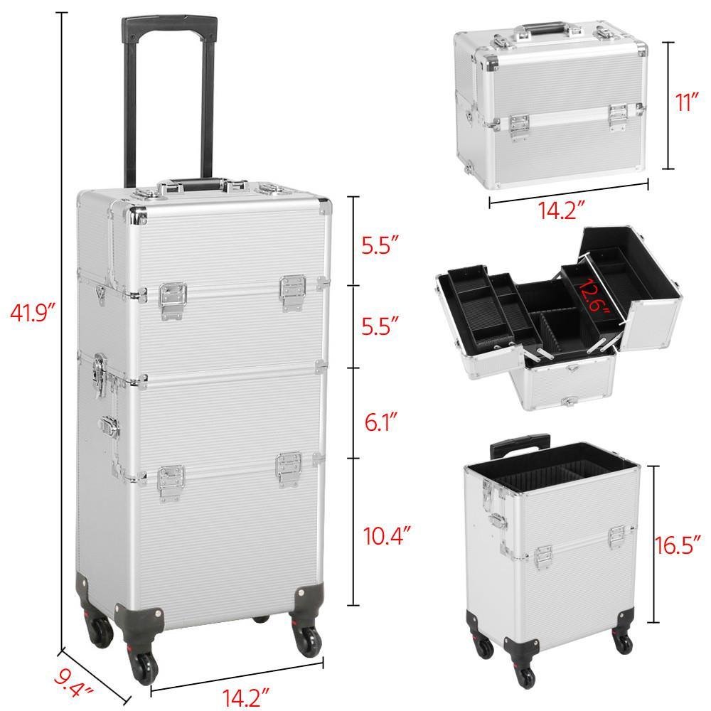 Yaheetech 3 in 1 Professional Aluminum Rolling Makeup Trolley Artist Train Case Cosmetic Organizer Makeup Case(4 wheeler accessories) Silver