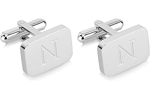 18K White-Gold Plated Initial Engraved Stainless Steel Men’s Cufflinks With Gift Box -Personalized Alphabet Letter’s A-Z By Lux & Pair