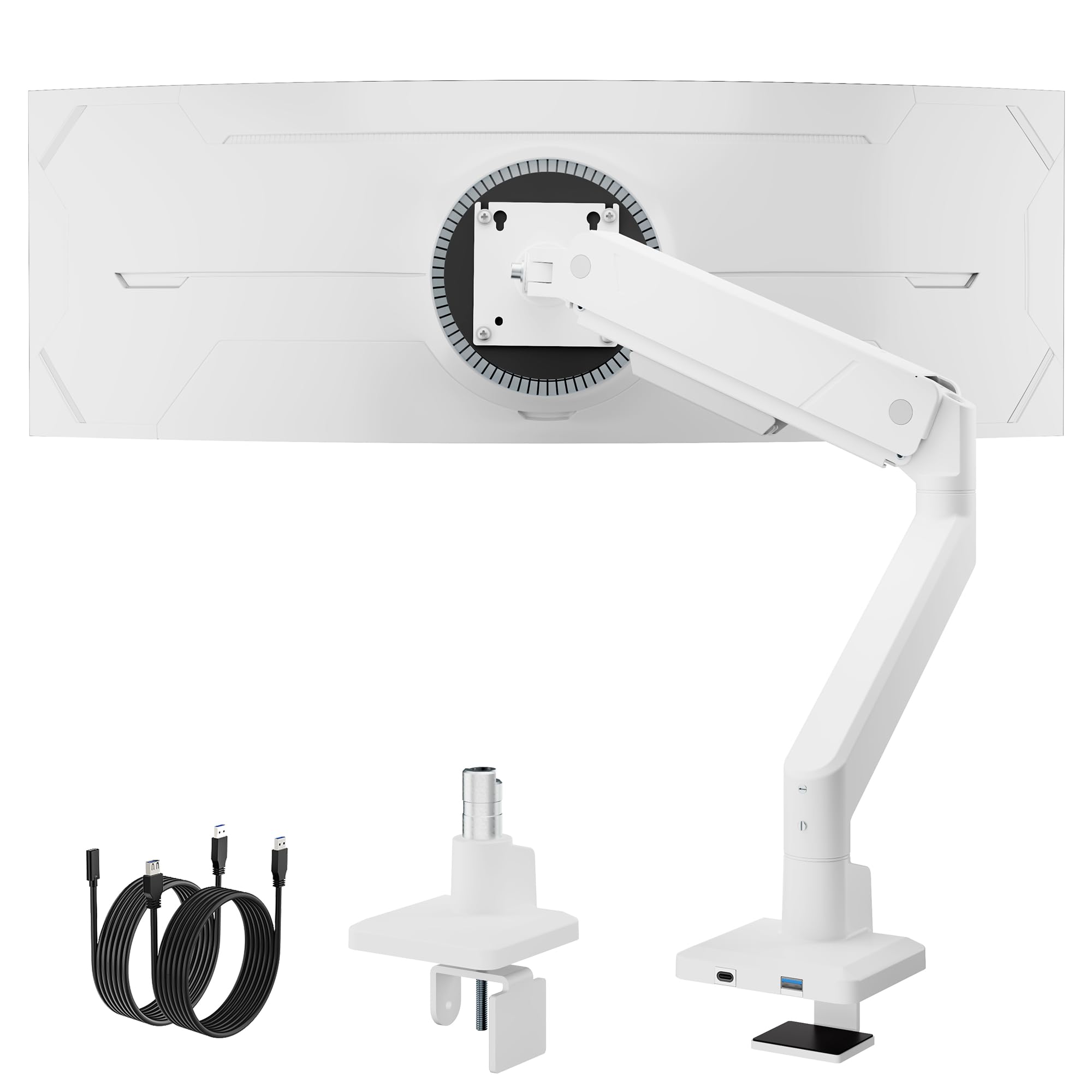 Photo 1 of monTEK Single Monitor Arm with USB for Max 45 Inch Ultrawide Screens Adjustable Monitor Desk Mount Holds 35 Lbs Cable Management with C Clamp/Grommet Desk Mount, VESA 75/100mm, MA1007UCWH