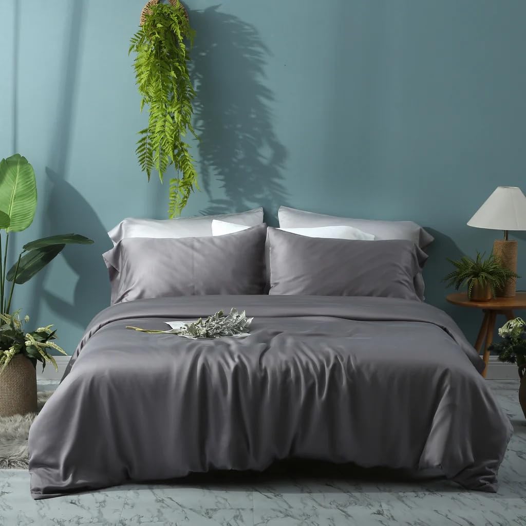 Waterlily 100% Bamboo Lyocell Bedding Set 3 Pcs Duvet Cover & Pillowcases Double King Size Organic Natural Soft Vegan Silk Luxury Bed Linen (Charcoal, King)