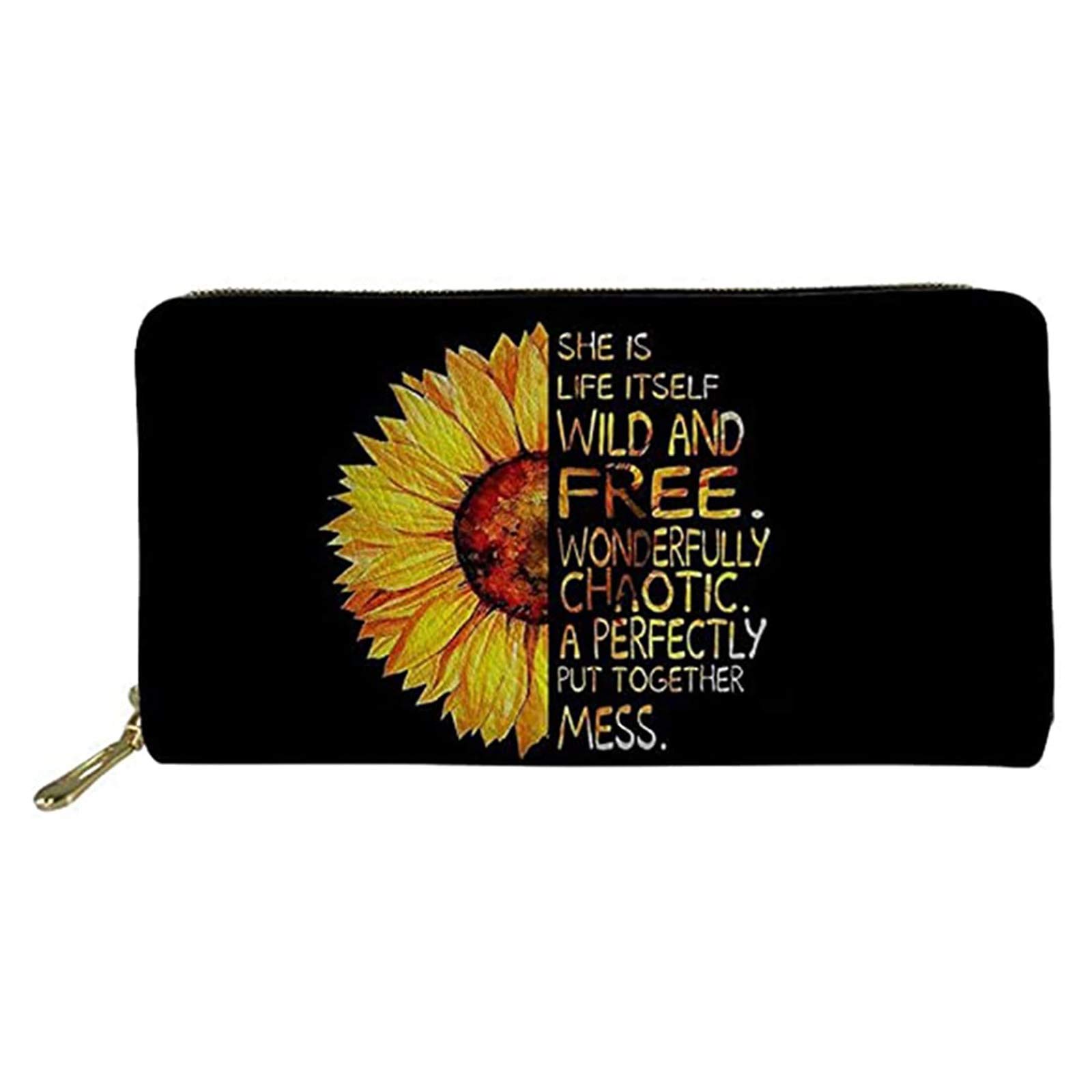 Pizding Sunflower Leather Wallets for Womens Lady Wallet Purse Coin Pocket Clutch Bag Girls Birthday,Valentine's Day,Memorial Day,Festival Gift Black