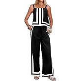 Tankaneo Womens 2 Piece Lounge Set Summer Casual Color Block Cami Top Wide Leg Pants Set Beach Vacation Outfits