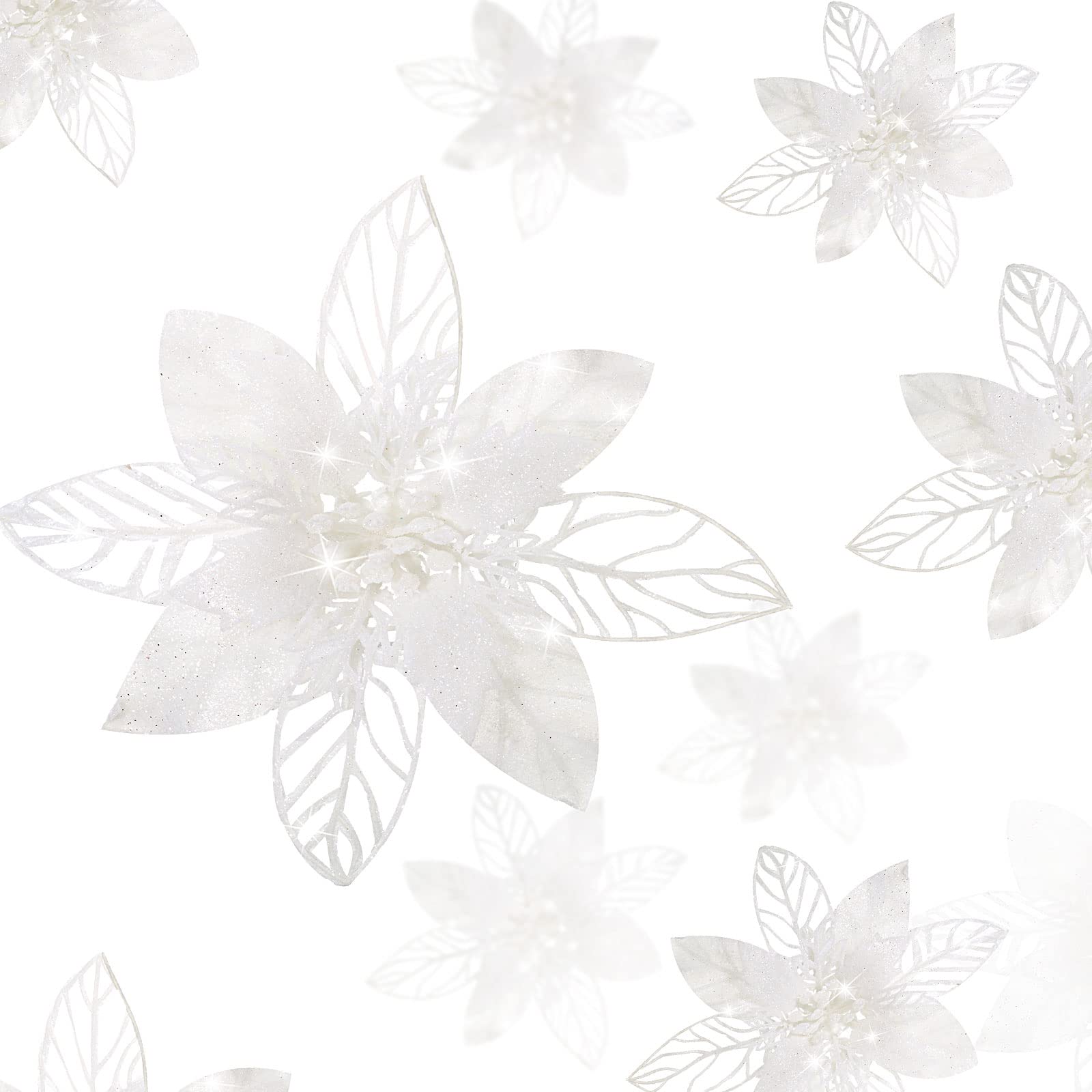 Boao 24 Pieces Christmas Glitter Artificial Poinsettia Flowers Christmas Flowers Decorations Wedding Xmas Tree New Year Ornaments (White)