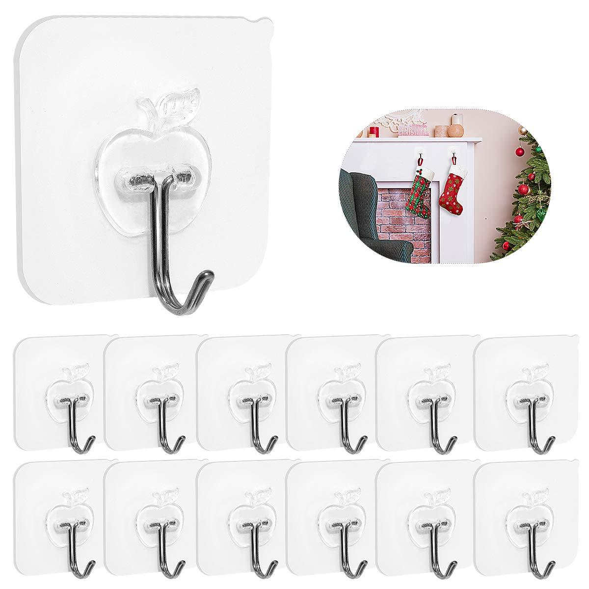 Hushtong 24Pack Adhesive Hooks Heavy Duty Wall Seamless Hooks 8kg (Max) Self Adhesive Hook,Waterproof and Oilproof for Bathroom Kitchen