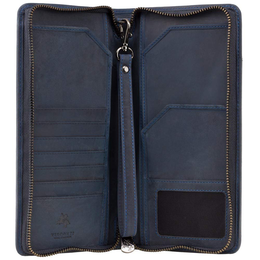 Visconti Wing Unisex Hunter Leather Travel Wallet for Passport ID Currency Card Pen Boarding Pass RFID Security Detachable Wrist Strap Style 728 (Oil Blue)